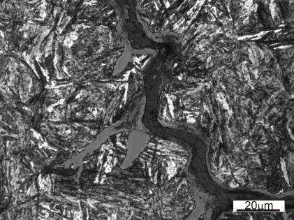 Można zaobserwować, że proces rozwoju pęknięcia wspomagany jest przez utlenianie ukierunkowane raczej wzdłuż kierunków krystalograficznych niż wzdłuż granic ziarn byłego austenitu (Rys. 7c).