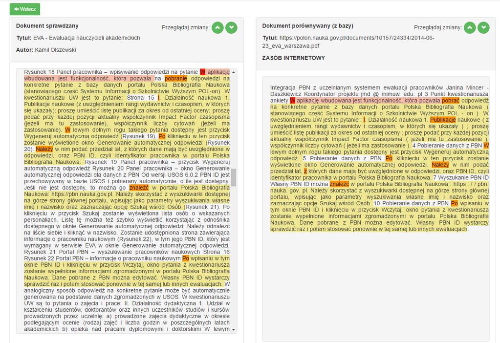 Kontrola antyplagiatowa w OSA Krok 4c Szczegółowe przeglądanie zapożyczeń Przeglądania kolejnych porównań Kolor pomarańczowy aktywny link do kolejnej zapożyczonej treści z dokumentu