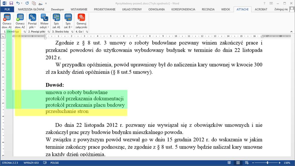 Dowody (fragmenty tekstu), które mają być później załącznikiem do pisma, oznacz przyciskiem.