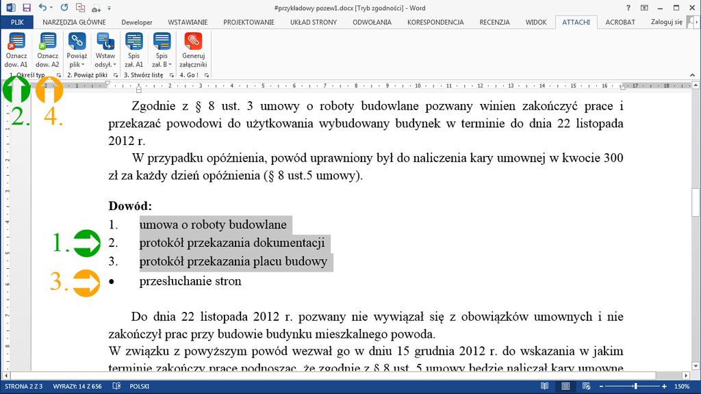 Zaznacz fragment tekstu / 2. Oznacz przyciskiem (A1) jako dowód-załącznik do pisma / 3.