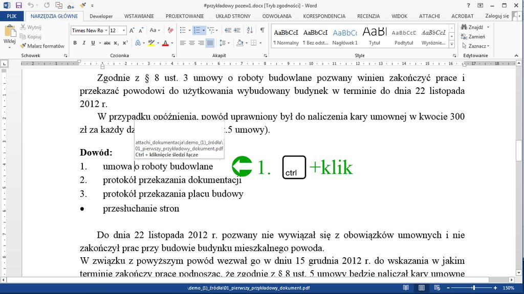 W celu zweryfikowania działania łącza, dokument można otworzyć klikając na oznaczony wcześniej fragment z wciśniętym klawiszem Ctrl 8.2.