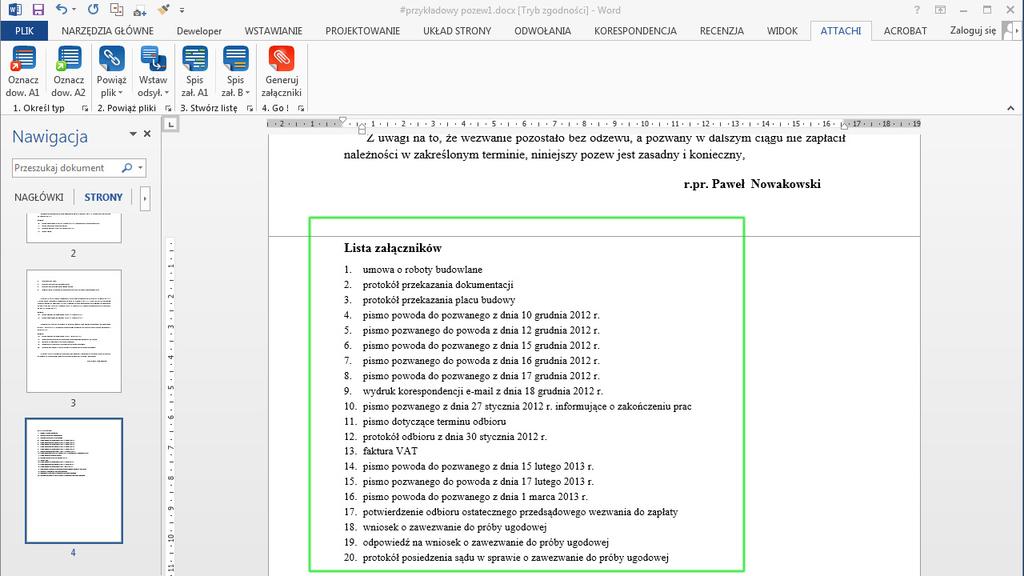Lista złączników wygenerowana automatycznie (na podstawie oznaczenia dowodów jako załączniki A1) 8.2.