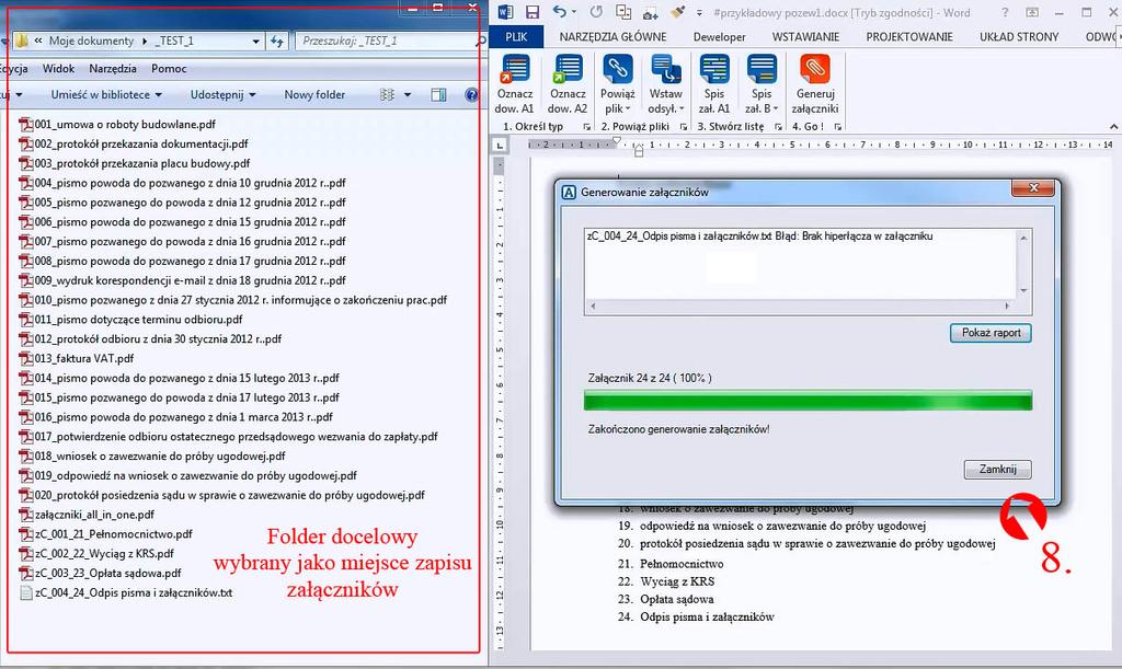 Program powiadomi o zakończonym procesie. W wybranym folderze docelowym pojawią się wygenerowane załączniki w formacie pdf.