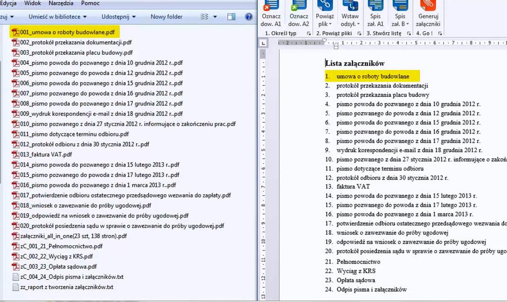 Nazwy oraz numeracja wygenerowanych plików pdf odpowiadają nazwom i numeracji