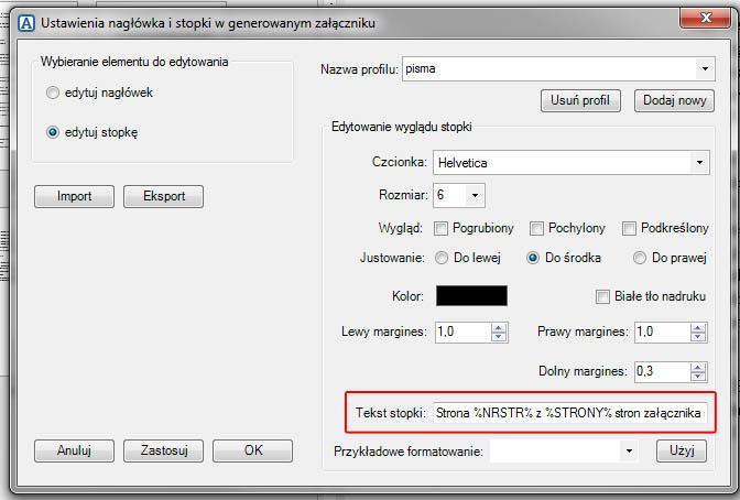 Tekst stopki zawiera formułę, dzięki której program automatycznie liczy strony w dokumencie i dodaje odpowiednią numerację.