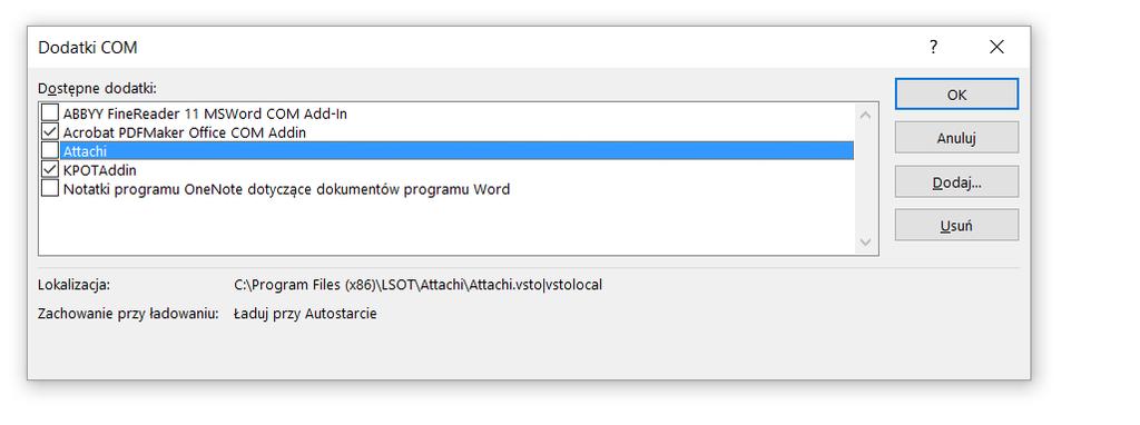 d) Wyświetli nam się okno z listą wszystkich Dodatków COM.