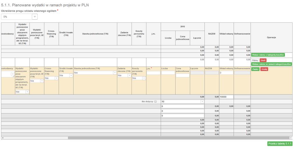 Podręcznik Beneficjenta Niektóre tabele znajdujące się we wniosku mają widoczny pod tabelką przycisk Przelicz tabelę, który automatycznie wylicza częśd wierszy (w przykładzie poniżej wierszami