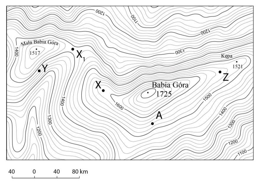 Korzystając z zamieszczonej mapy poziomicowej wykonaj zadania od 1 do 3. Zadanie 1. (0 1 ) Zaznacz poprawne dokończenie zdania wybierając właściwą odpowiedź spośród podanych. Punkt A położony jest A.