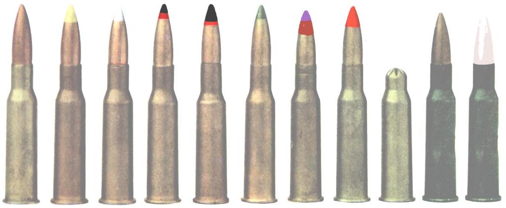 7,62mm naboje karabinowe 1 2 3 4 5 6 7 8 9 10 11 1. 7,62mm nabój karabinowy z pociskiem lekkim L (pocisk niemalowany) 2. 7,62mm nabój karabinowy z pociskiem ciężkim (w. żółty) 3.