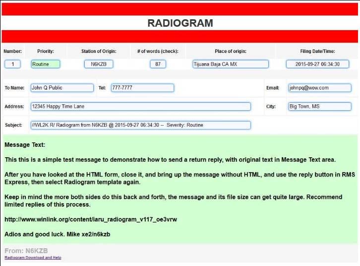 Sieć Winlink 2000 i poczta elektroniczna Przykład radiogramu