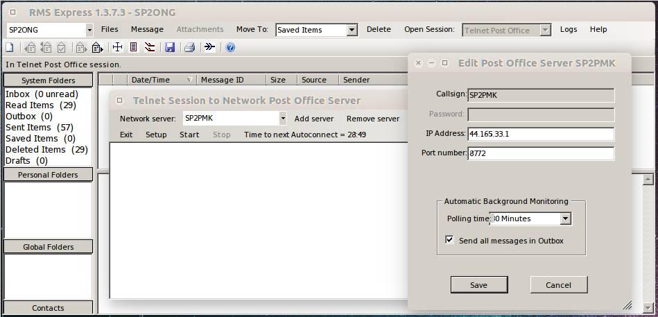 RMS Express poczta elektroniczna Aby skonfigurować program RMS Express do pracy w sieci Ham należy wybrać opcje Telnet Post Office następnie kliknąć Open Session Wybrać w nowym oknie opcje Add server