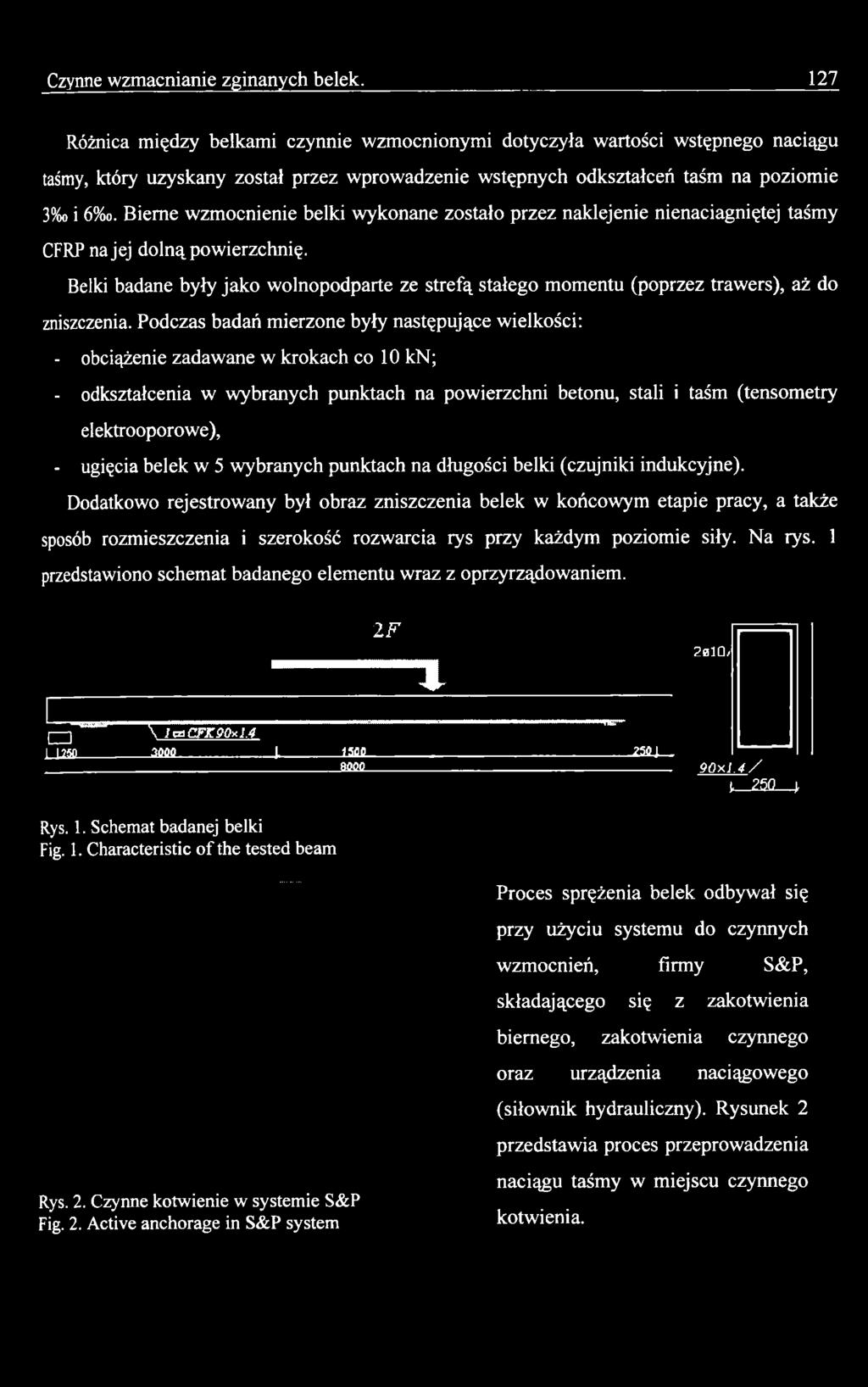 Podczas badań mierzone były następujące wielkości: - obciążenie zadawane w krokach co 10 kn; - odkształcenia w wybranych punktach na powierzchni betonu, stali i taśm (tensometry elektrooporowe), -