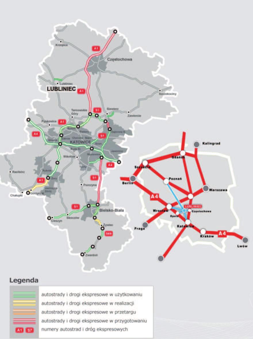 Lokalizację miasta wraz z siecią drogową na tle regionu pokazano na rysunku 4.2. Rysunek 4.2 Sieć drogowa i lokalizacja Miasta Lubliniec na tle województwa i kraju Źródło: UM Lubliniec 4.1.