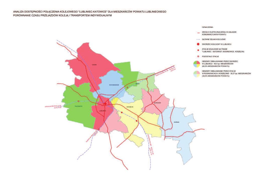 rys.5 Z analizy przedstawionej na powyżej wynika, że pod względem dojazdu co centrum aglomeracji górnośląskiej dworzec kolejowy w Lublińcu oblsługuje ok.