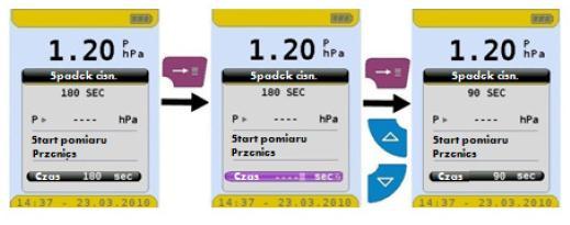Czas trwania pomiaru spadku ciśnienia fabrycznie ustawiony jest na 180 sekund jednak może zostać zmieniony. Po wybraniu funkcji nastawy czasu (Rys.11.