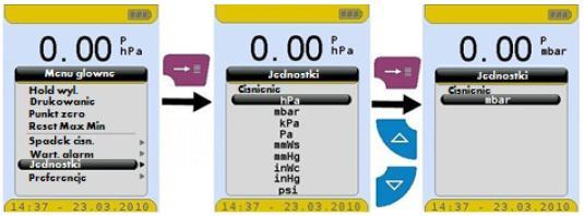 Wyboru można dokonać spośród: hpa, kpa, Pa, mmws, mmhg, inwc, bar, psi. Rys.13. Wybór jednostek pomiarowych 7.8 Menu konfiguracji Preferencje 7.8.1 Ustawienie czasu i daty Aby zmienić np.