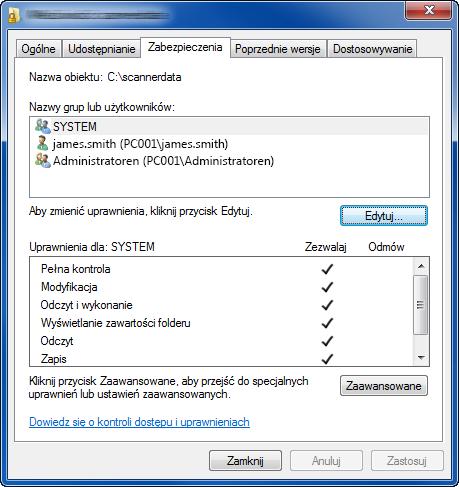 Przygotowanie przed rozpoczęciem użytkowania > Przygotowanie do wysłania dokumentu do folderu współdzielonego 7 Sprawdź szczegóły na karcie [Zabezpieczenia]. 2 1 3 1 Wybierz kartę [Zabezpieczenia].