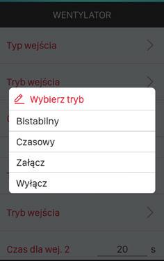 W przypadku wybrania trybu czasowego należy dodatkowo zadeklarować czas załączenia wyjścia odbiornika z poziomu wejść przewodowych.