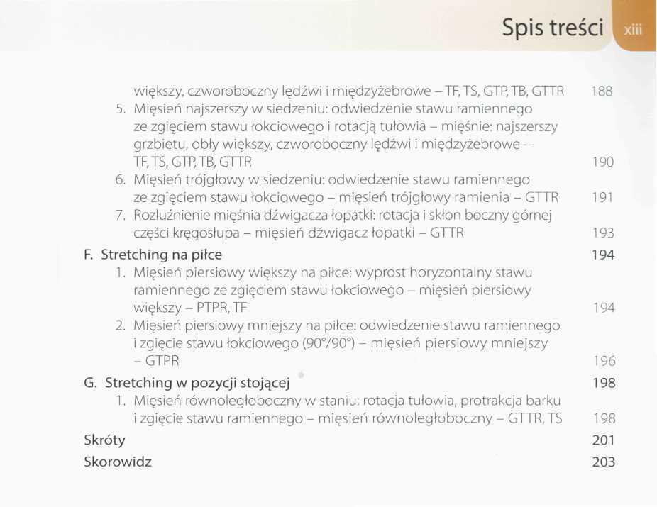 Spistresci wiekszy, czworoboczny ledzwi i miedzyzebrowe -TF,TS, GTRTB, GTTR 188 5. Miesieri najszerszy w siedzeniu: odwiedzenie stawu ramiennego ze zgieciem stawu tokciowego i rotacja.