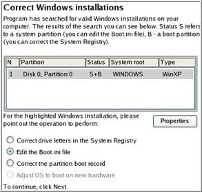 5. Na następnej stronie wybierz z listy wymaganą instalację Windows (jeśli jest ich kilka), a następnie wybierz opcję Edit the Boot.ini file.