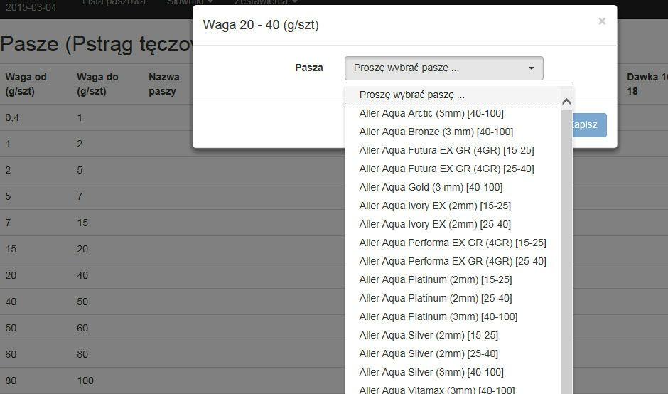 5 Następnie dla danego programu paszowego należy wybrać opcję Zarządzaj paszami i korzystając ze zdefiniowanych Kart paszowych, wybrać dla danego przedziału wagowego ryb, sugerowane przez aplikację