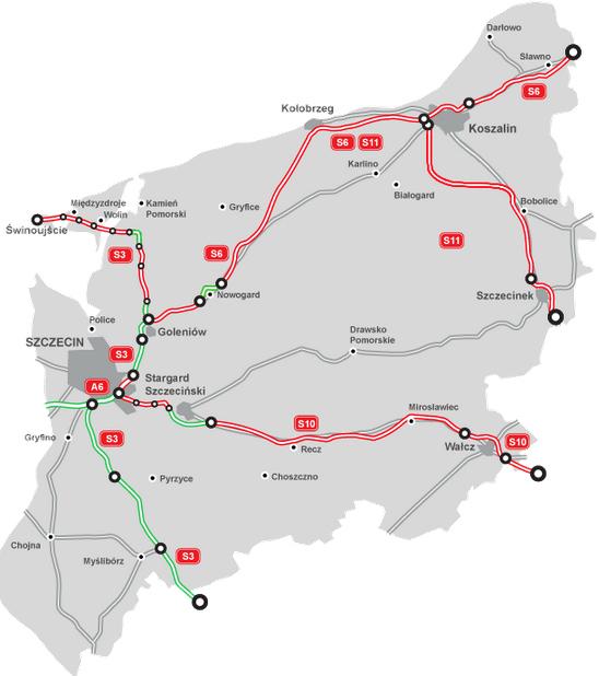 Infrastruktura drogowa drogi szybkiego ruchu (stan obecny) Obwodnica Nowogardu w ciągu S6 Drogi szybkiego ruchu w województwie