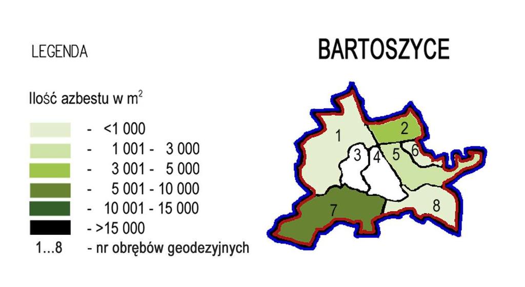 Udział osób fizycznych i podmiotów instytucjonalnych we władaniu budynkami pokrytymi płytami azbestowo-cementowymi wg powierzchni płyt GMINA MIEJSKA BARTOSZYCE Instytucjonalne 53,3% Indywidualne
