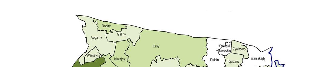Rys. 13 przedstawia rozmieszczenie wyrobów zawierających azbest w poszczególnych obrębach geodezyjnych gminy Górowo Iławeckie. 3.4.6. Gmina Sępopol Rys. 13. Rozmieszczenie wyrobów zawierających azbest na terenie gminy Górowo Iławeckie.