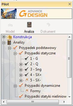 stosownie do założonych hipotez: Zdefiniowane analizy (statyka i dynamika, analiza liniowa i nieliniowa, duże przemieszczenia,