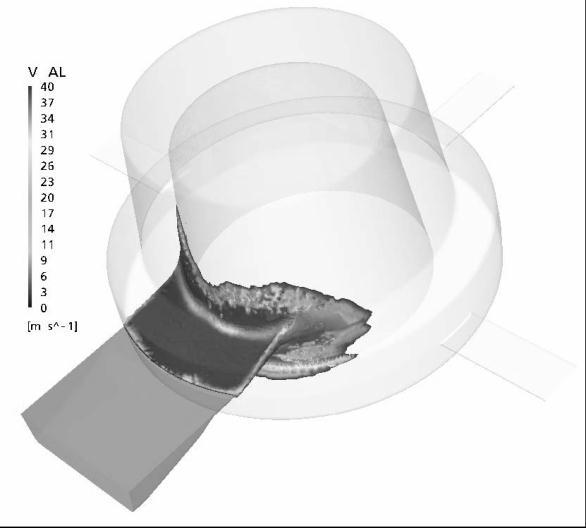 ARCHIWUM ODLEWNICTWA Rys.10. Pole prędkości strugi ciekłego stopu aluminium wewnątrz formy odlewniczej dla wybranego kroku czasowego Fig. 10.