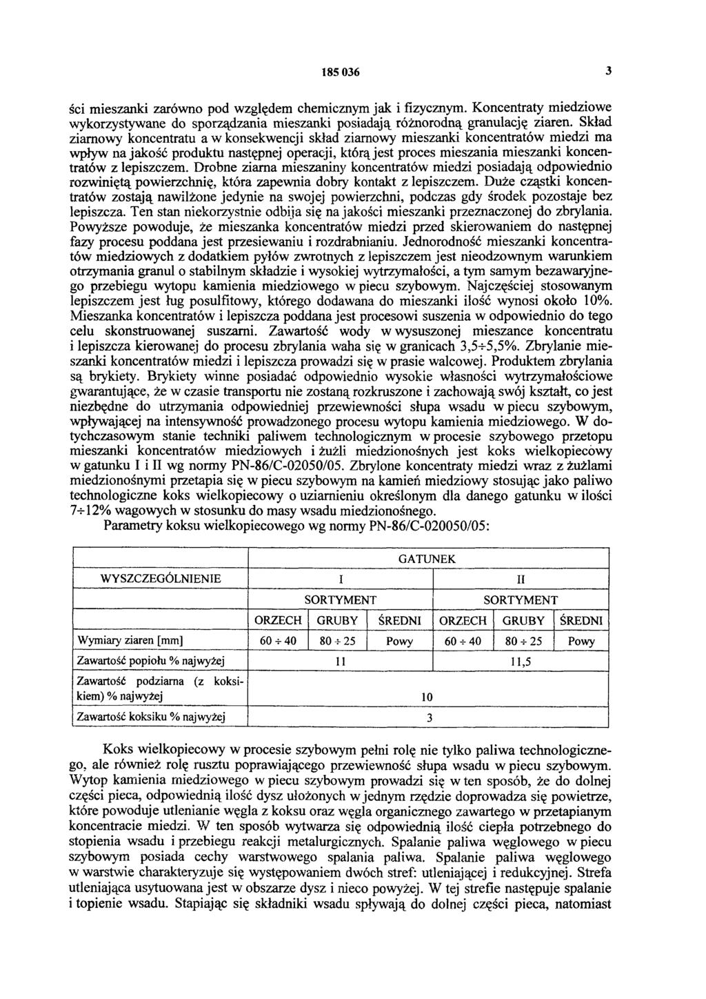 185 036 3 ści mieszanki zarówno pod względem chemicznym jak i fizycznym. Koncentraty miedziowe wykorzystywane do sporządzania mieszanki posiadają różnorodną granulację ziaren.