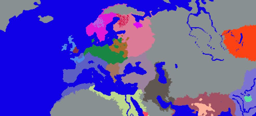RYS: Sytuacja w Europie i okolicach około 400 roku n.e. Widać jak ustabilizowały się granice większych państw, oraz jak próbują się z nich wyodrębnić mniejsze jednostki (zwłaszcza na północy Europy).