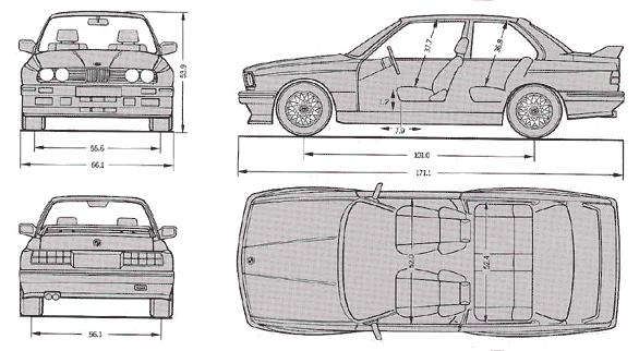 Fot.1 Zwymiarowany szkic BMW E30 M3 Coupe 1986 (Źródło: www. http://carblueprints.