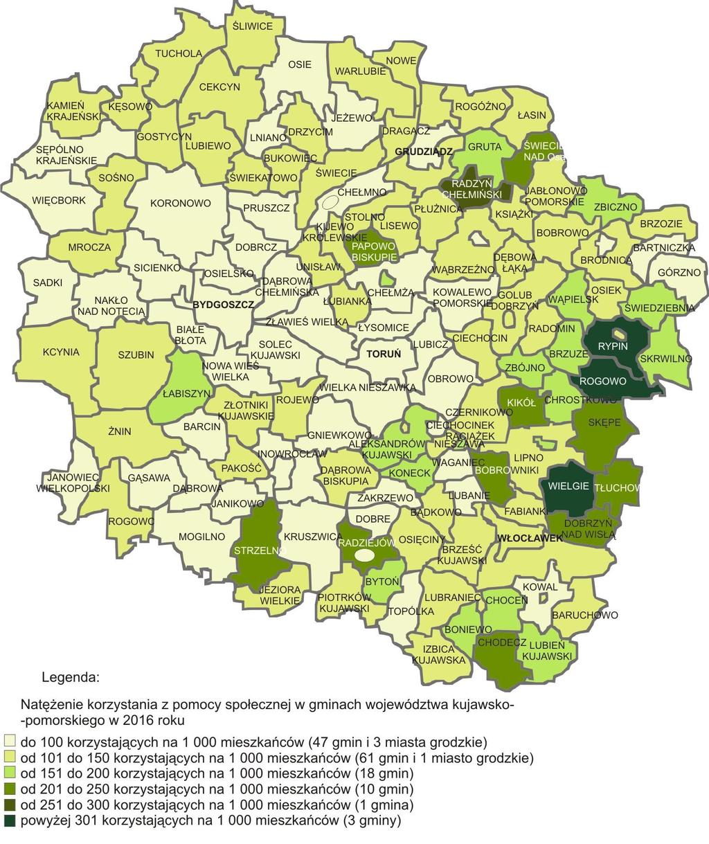 Mapa 1. Natężenie korzystania z pomocy społecznej w gminach województwa kujawsko-pomorskiego w 2016 r.