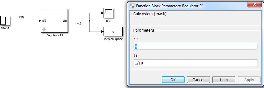 Maskowanie obiektu w Simulinku do Przykładu 6 Ostatnim etapem maskowania jest przypisanie zmiennych, w bloku Regulator PI