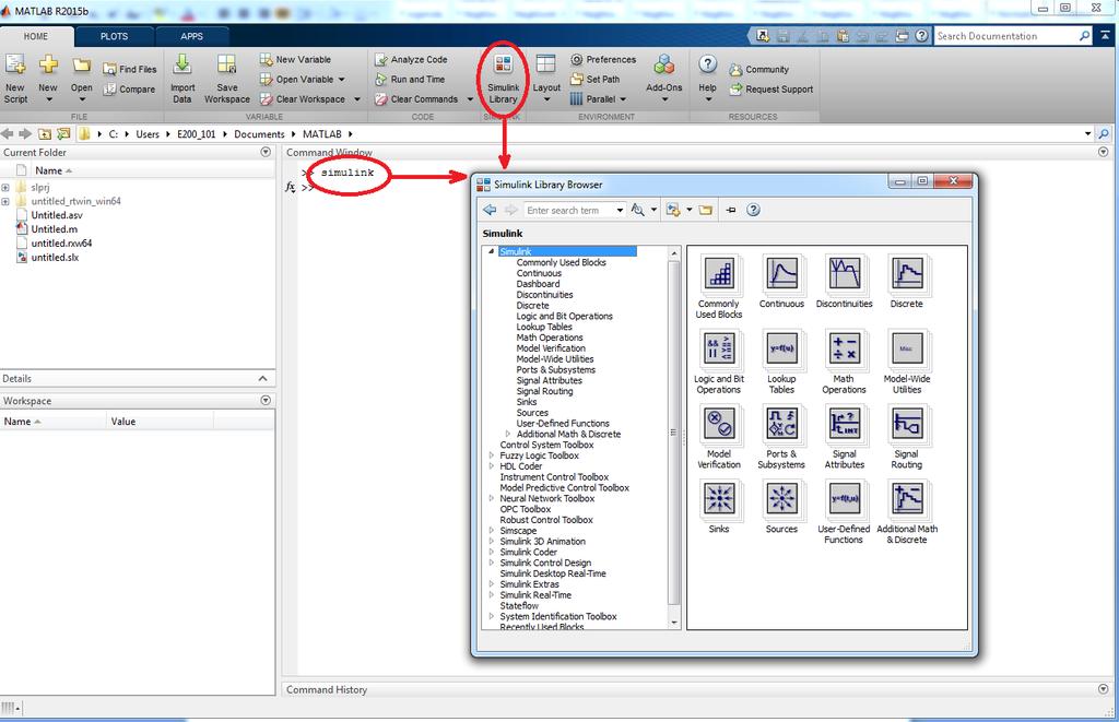 kliknięcie na ikonę Simulink, wpisanie komendy simulink w Command Window. Rys. 7.