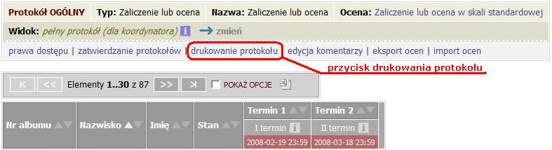 Rysunek 12: Wybór opcji drukowania Ukaże się okno: Opcje wydruku protokołu (rys.