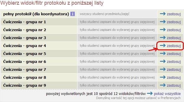 Rysunek 6: Wybór widoku/filtru protokołu W zależności od przyznanych w systemie uprawnień do wybranego przedmiotu (K, P lub E)