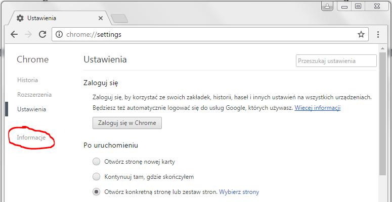 3) Następnie wybierają Państwo z listy menu Informacje : 4) Pojawi się informacja czy przeglądarka jest aktualna wraz z pakietem Adobe