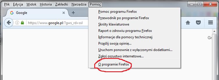 4. Proszę wybrać opcję O programie Firefox 5. Otworzy się okno informacji o przeglądarce.