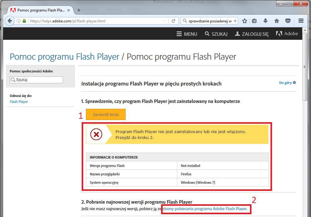 Pojawi się informacja o wersji programu Adobe Flash Player, którą Państwo posiadacie.