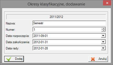 Wypełnij formularz Okresy klasyfikacyjne, dodawanie dla pierwszego semestru podając datę jego zakończenia oraz datę rady pedagogicznej. Kliknij przycisk Dalej.