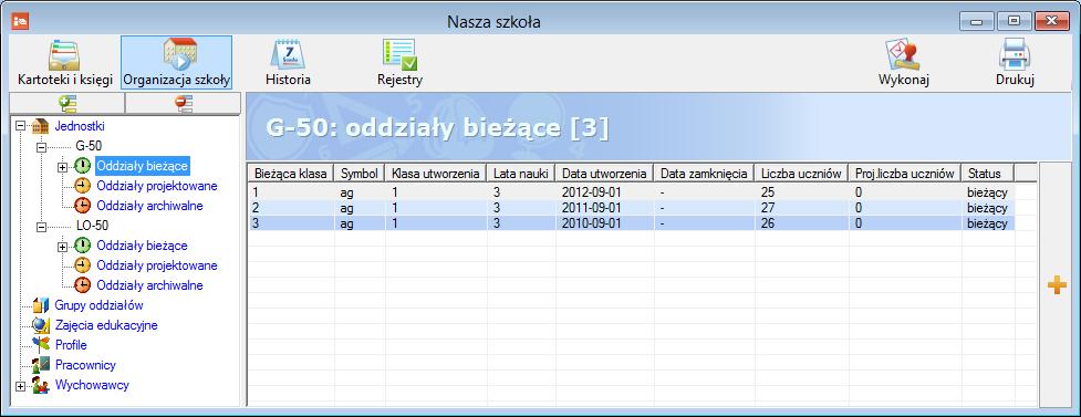 Edytuj opis wybranego oddziału, klikając go dwukrotnie w tabeli [jednostka]: oddziały bieżące. Sprawdź wpisy w polach Poziom bieżący, Poziom otwarcia, Rok utworzenia, Lata nauki.