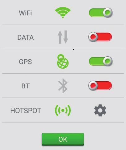 29 14. Zarządzanie łącznością Pozwala na szybkie włączenie lub wyłączenie łączności WiFi, DATA, GPS, Bluetooth oraz wyświetlenie ustawień mobilnego HOTSPOTU.