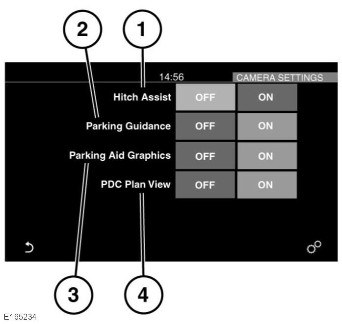 Hitch Assist (Wspomaganie sprzęgania przyczepy), wybrać opcję OFF (Wył.) lub ON (Wł.). Patrz str. 106, WSPOMAGANIE SPRZĘGANIA. 2. Parking Guidance (Pomoc w parkowaniu): wybrać opcję OFF (Wył.