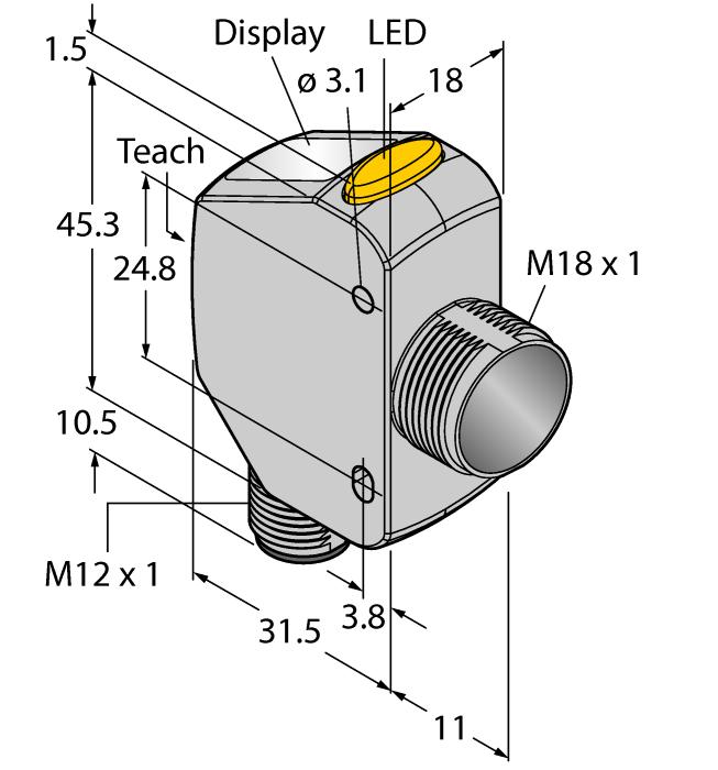 Transmisja danych procesowych oraz parametryzacja za pomocą IO-Link Wyświetlacz LED 4-cyfrowy 7-segmentowy 3 przyciski Wskaźnik wyjściowy (żółty) IP67/69K Certyfikat ECOLAB Zakres detekcji: 25 300 mm