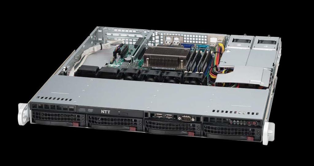 Serwer 1104S101 Entry to ekonomiczny serwer w obudowie do szafy rack. Obudowa rack 1U zapewnia oszczędność miejsca. Serwery posiadają 4 zatoki hot-swap i napęd DVD-RW slim.