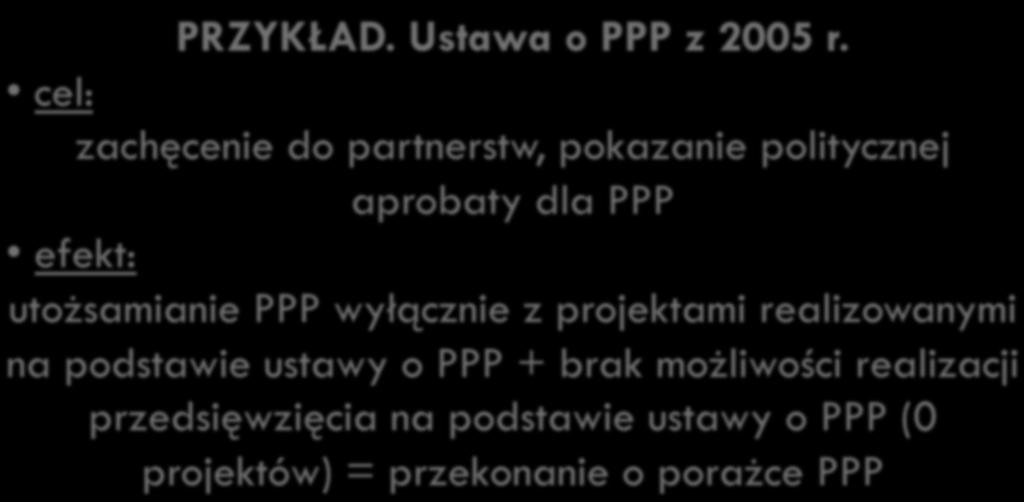 Ryzyko polityczne i prawne (3) Budowanie klimatu politycznego i prawnego dla PPP przykład negatywny PRZYKŁAD. Ustawa o PPP z 2005 r.