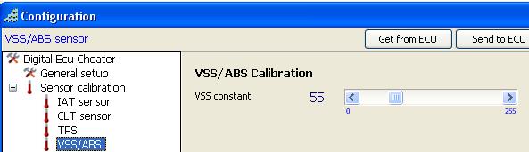 Czujnik prędkości pojazdu (VSS/ABS) [Calibration->Sensor calibration->vss/abs] Kalibracji czujnika prędkości pojazdu dokonujemy w ruchu, jadąc ze znaną prędkością np. 100km/h.