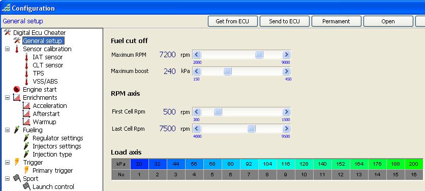 5.3 Konfiguracja parametrów [General setup] pozwala określid podstawowe parametry takie jak osie map czy maksymalne obroty silnika. Maximum RPM maksymalne obroty silnika (tzw. obroty odcięcia).